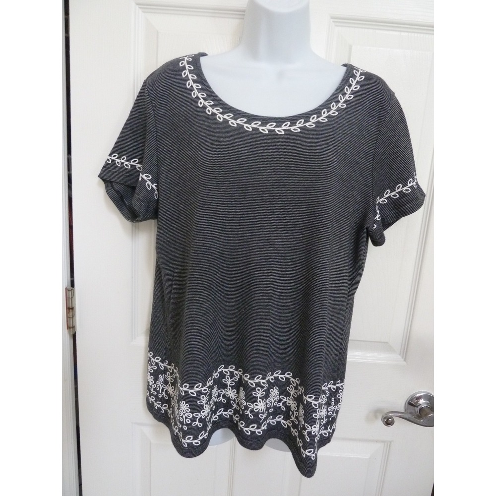 KAREN SCOTT Sz L, 14/16 Striped Embroidered-Look Tee Feminine Everyday